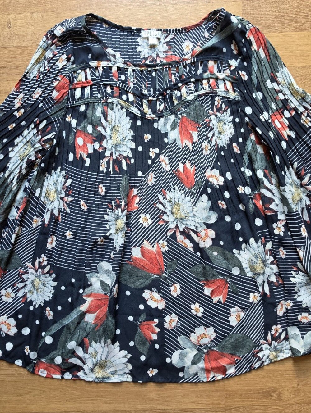 Spense Black Floral Flowy Blouse with Red & White Flowers